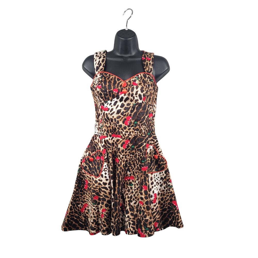 Voodoo Vixen Womens M Leopard Cherry Print Fit Flare Dress Heart Cutout Pinup